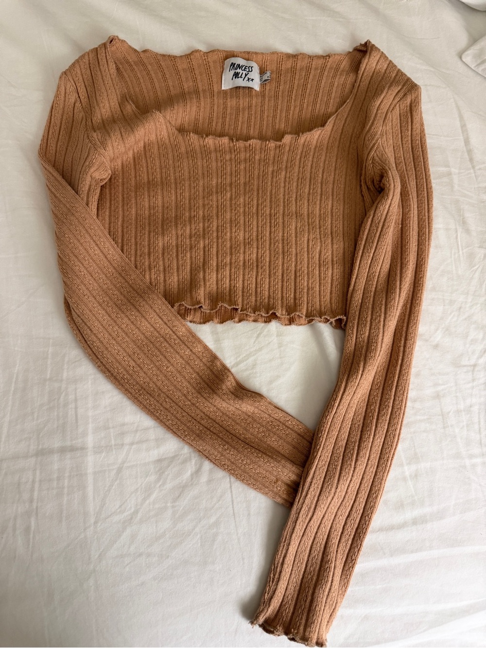 Princess Polly Cropped Ribbed Scoop‑Neck Sweater in Tan